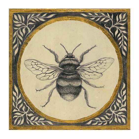 a drawing of a bee in a gold and black frame with leaves around the edges