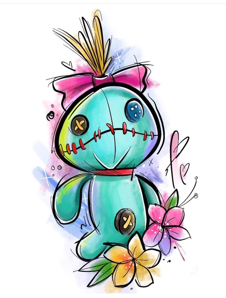 a drawing of a blue teddy bear with flowers