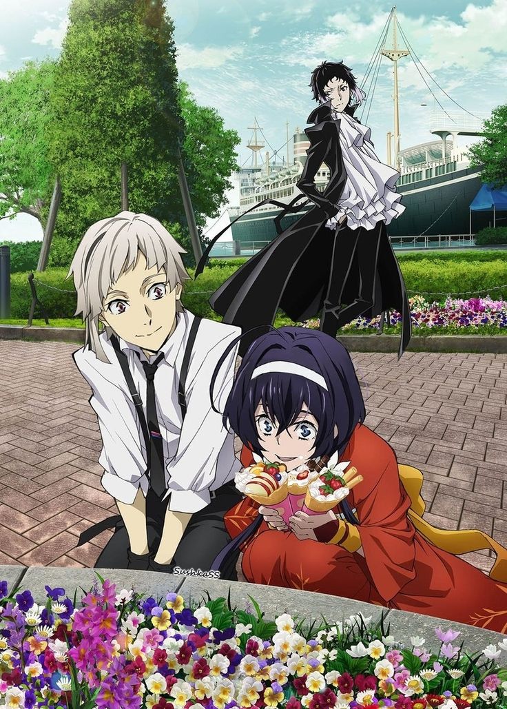 three anime characters sitting on the ground with flowers in front of them and one is holding a