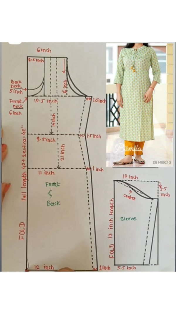 a woman's dress pattern with measurements for the front and back, as well as an image of how to sew it