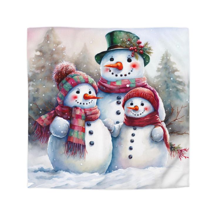 three snowmen are standing in the snow together