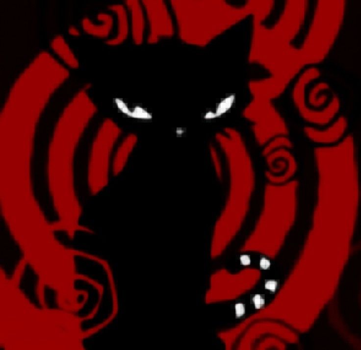 a black cat sitting in front of a red and white swirly background with an evil look on it's face