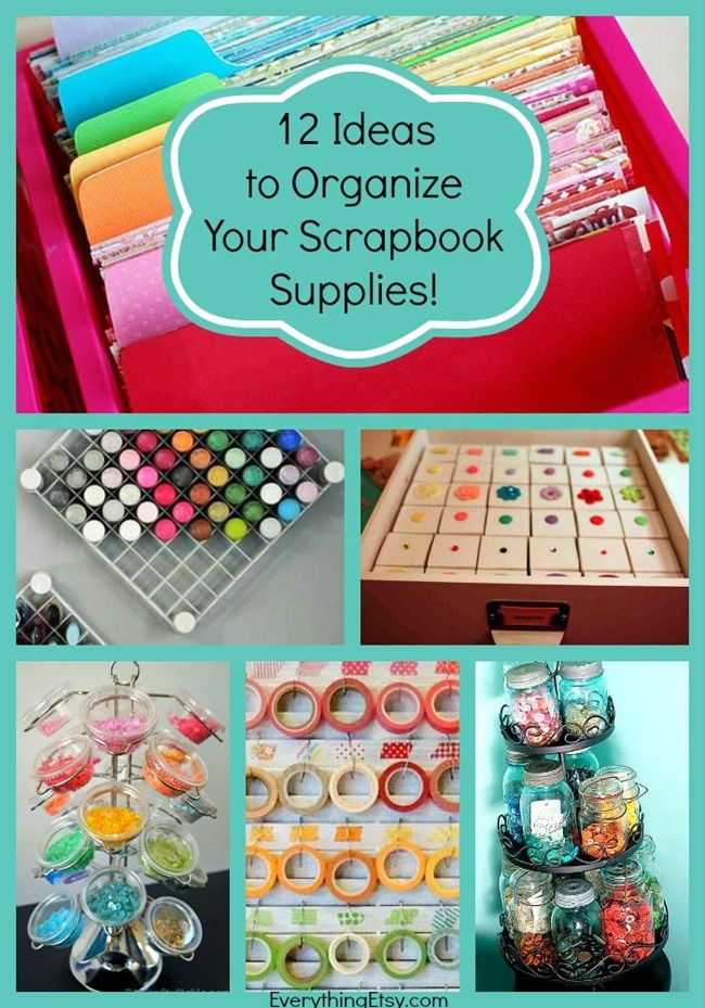 some crafting supplies are organized and organized with the words, 12 ideas to organize your scrapbook supplies