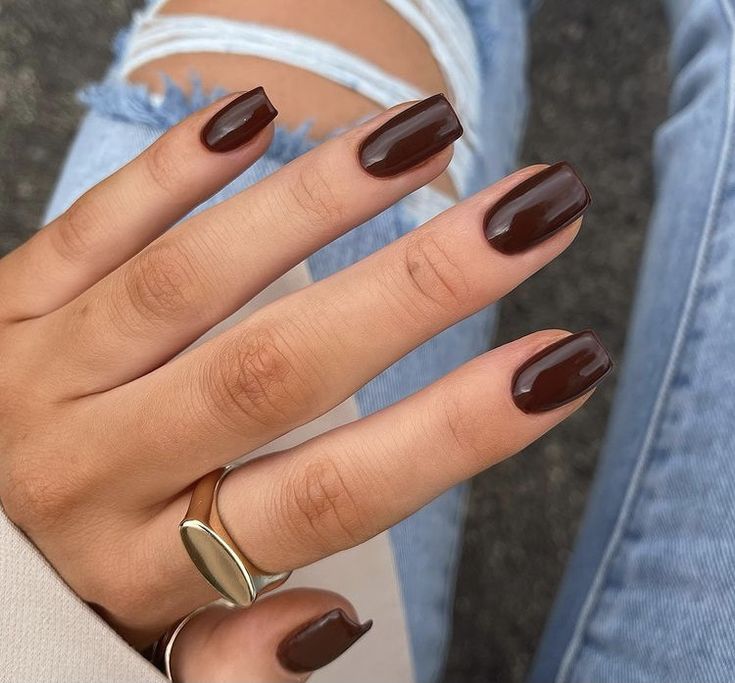 Chocolate Brown Gel Nails Short, Squoval Brown Nails, Cocoa Nail Color, Basic Solid Color Nails, Chocolate Square Nails, All Brown Nails, Dark Brown Square Nails, Winter Solid Color Nails, Brown Squoval Nails