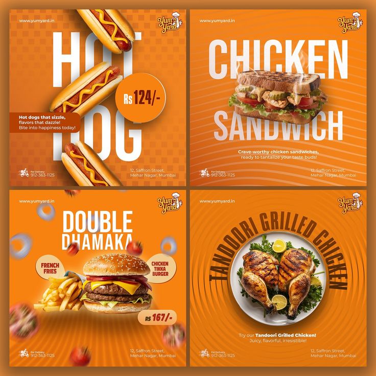 three different flyers for a restaurant with food items on the front and back side, including sandwiches