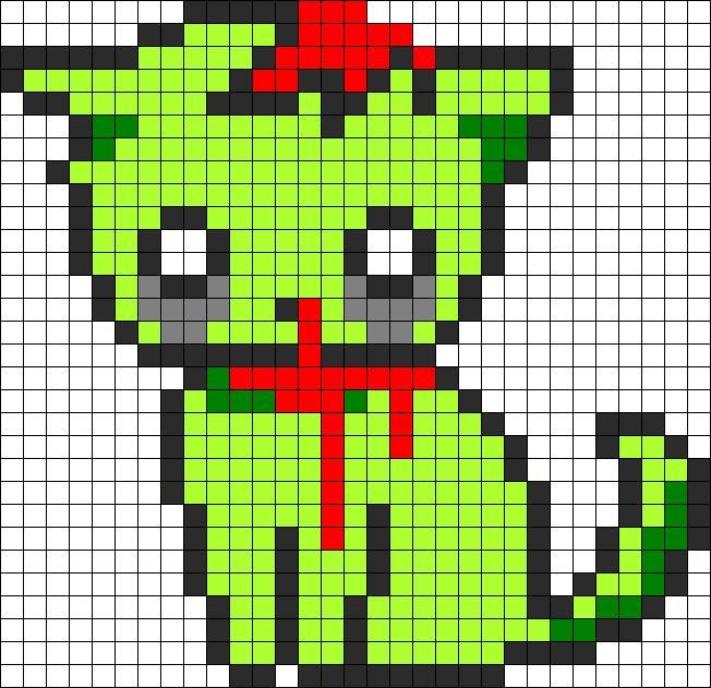 a pixellated image of a green cat wearing a red hat