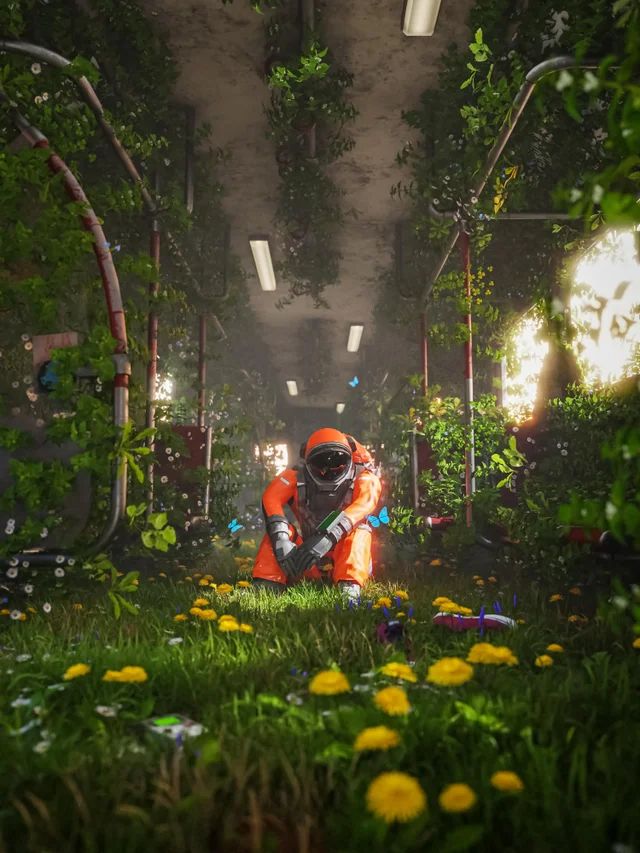 a man in an orange jacket and gas mask working on plants inside a building with lights