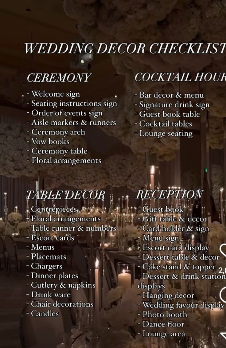 wedding decor checklist for ceremony cocktail hour