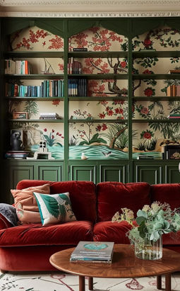 a living room filled with red couches and bookshelves covered in floral wallpaper