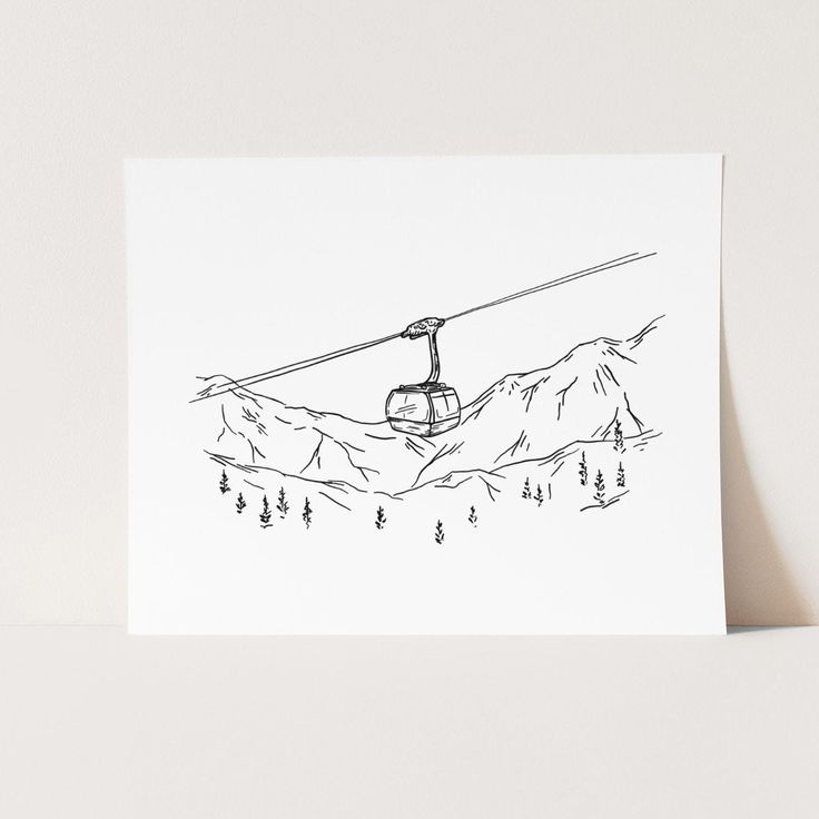 a black and white drawing of a ski lift on top of a mountain with pine trees