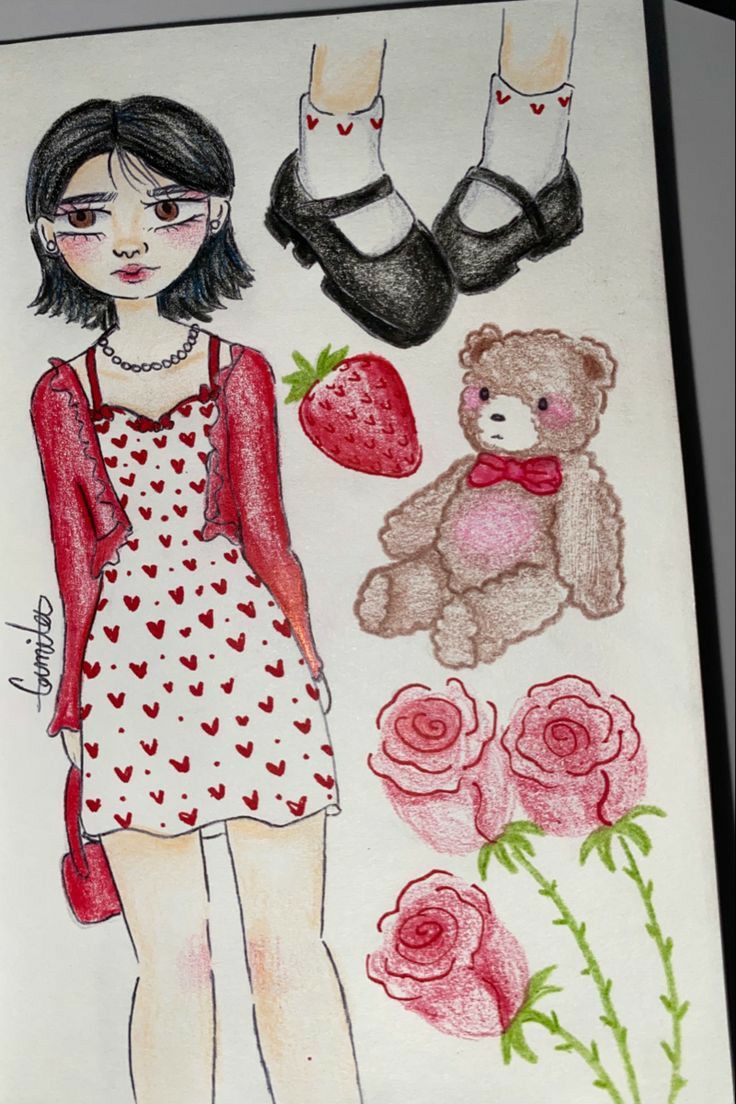 a drawing of a girl standing next to flowers and a teddy bear with hearts on it