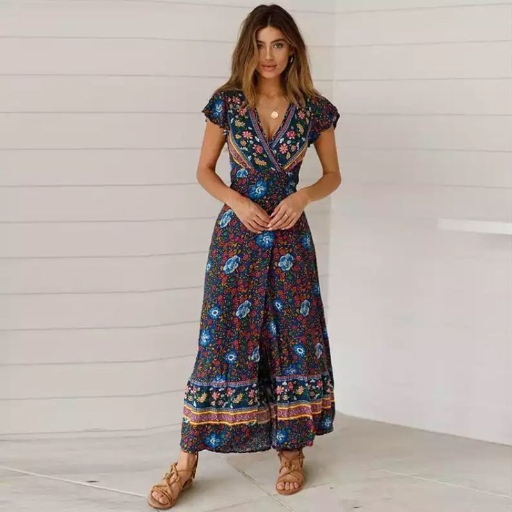 Maxi Dress Floral Print V-Neck Short Sleeve Wrap Around Closure Tags: Boho Retro Vintage Spell Gypsy Vici Free People Anthropologie Revolve Love Lemon Reformation Zara Faithful Johnny Coachella Bohemian Hippy Chic Beach Wrap Dress, Indie Dresses, Dark Blue Dress, Beach Wrap, Holiday Beach, Beach Maxi Dress, Outfit Trends, Vestido Casual, Maxi Wrap Dress