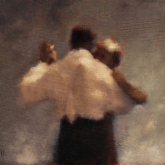 an oil painting of a man holding a teddy bear in his arms and looking at the sky