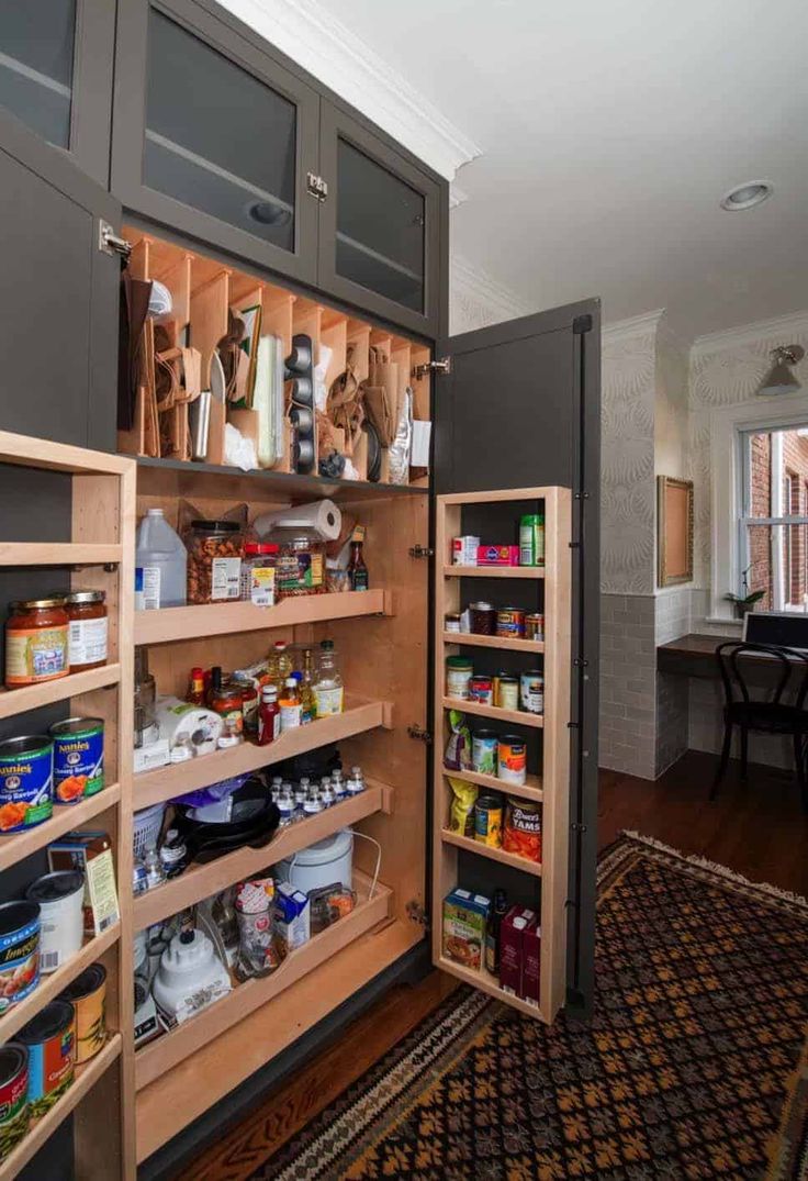 an open pantry with lots of food in it