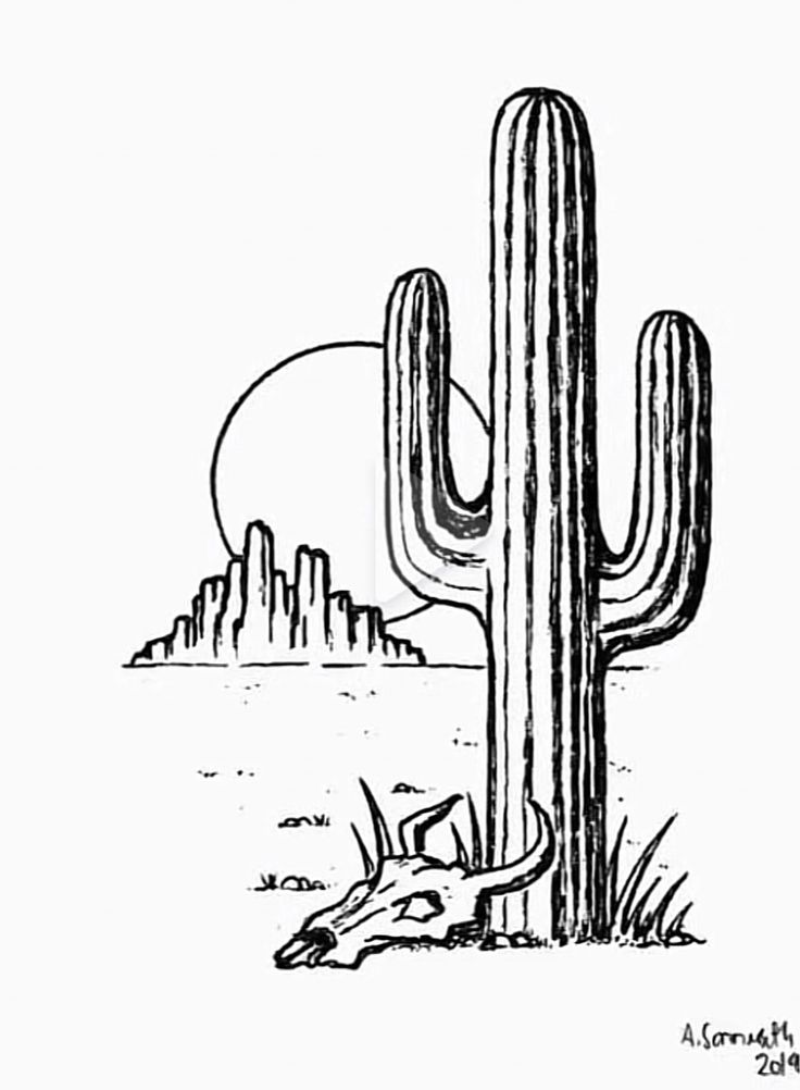 a black and white drawing of a cactus in the desert with mountains in the background