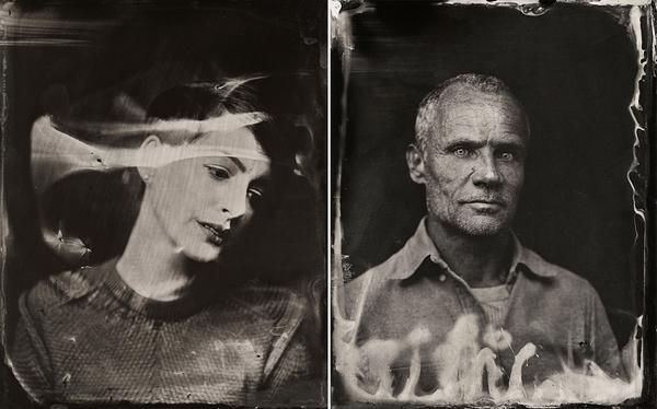 an old black and white photo of two people with hair on their heads, one wearing a head band