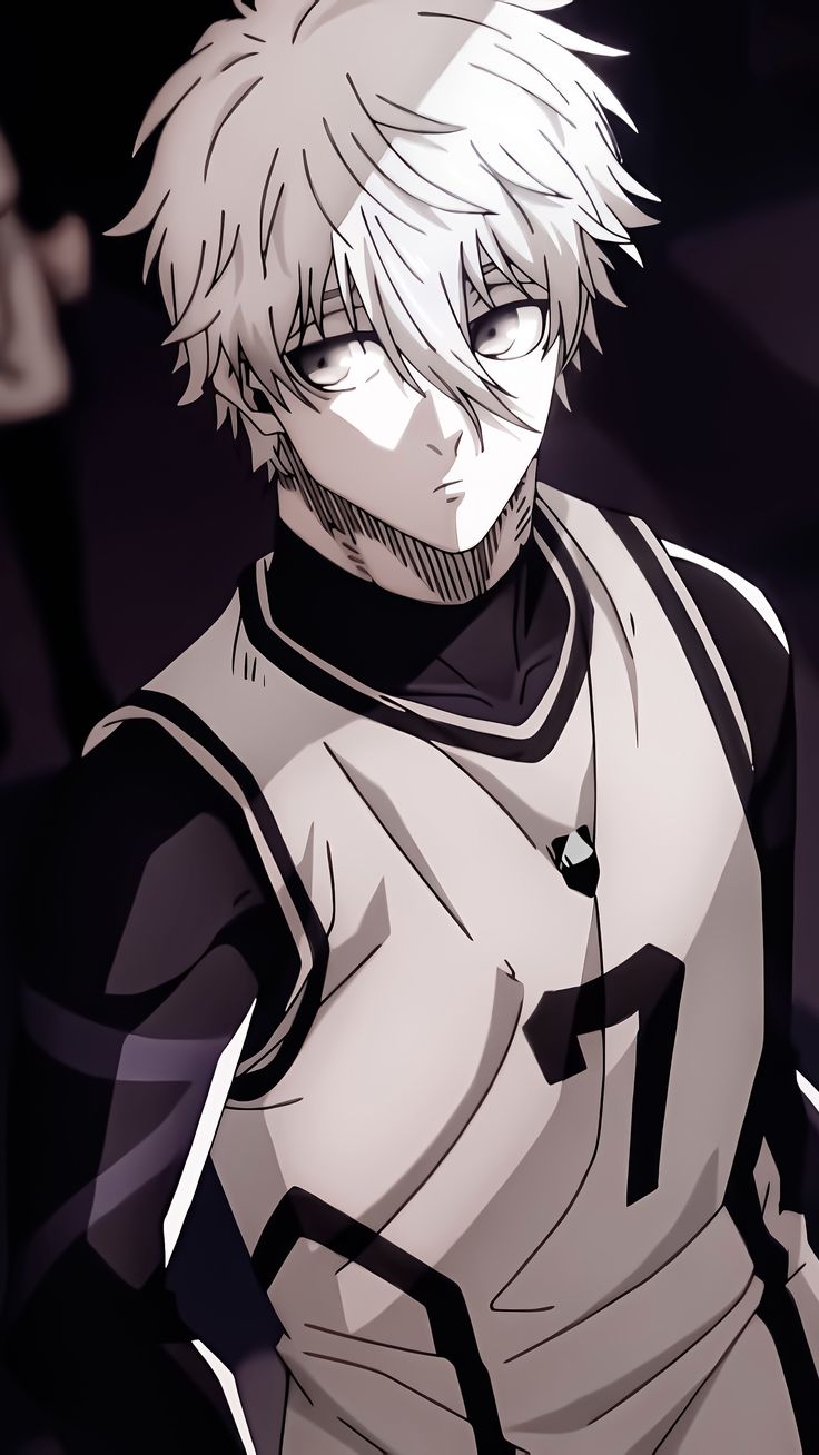 an anime character with white hair wearing a black and white outfit, standing in front of a dark background