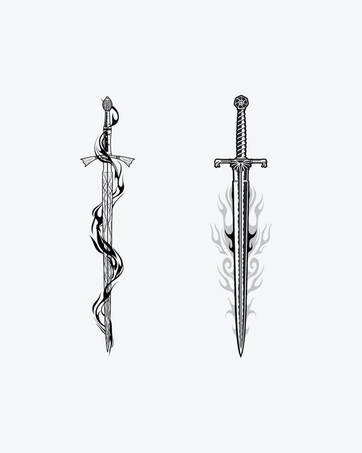 two different types of swords are shown in this drawing, one is black and the other is white