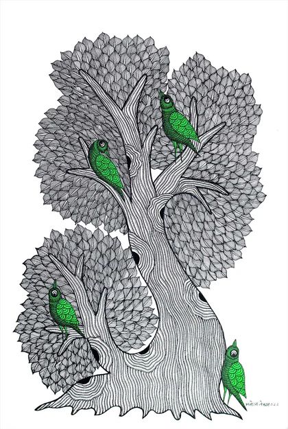 two green birds sitting on top of a tree