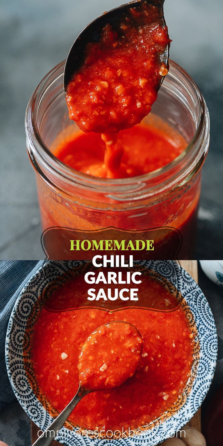 homemade chili garlic sauce in a glass jar with a spoon