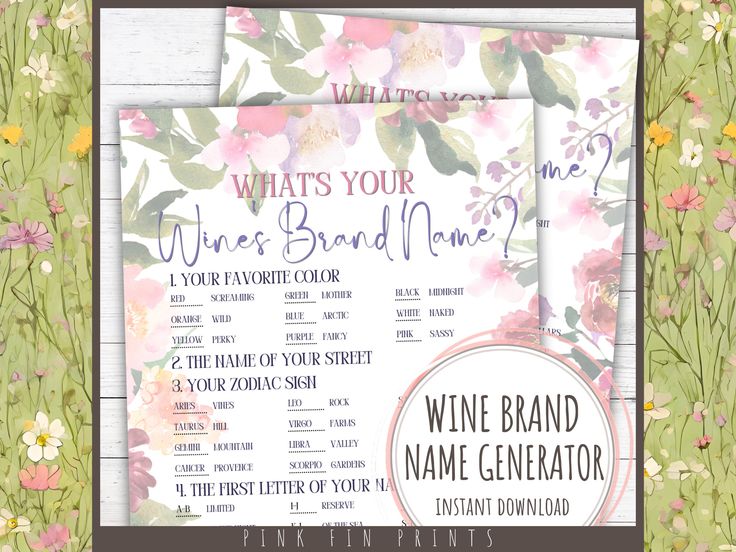 the wine brand name generator is displayed on two sheets of paper with flowers and leaves