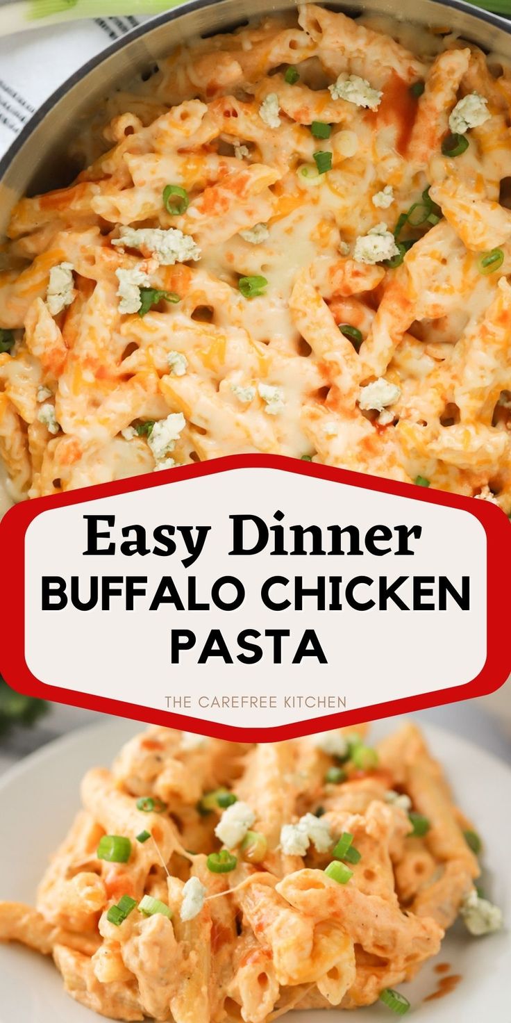 easy dinner buffalo chicken pasta in a skillet on a plate with text overlay