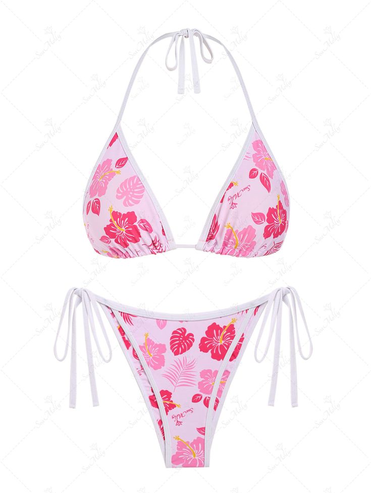 PRODUCT DESCRIPTIONEmbellishment:Tie,Tie SideFeatures:Wire Free,Padded (Removable Pads),LinedMaterial:Polyester,SpandexNeckline:HalterPattern Type:FloralSwimwear Category:Bikini SetType:Triangle Bikini,Tie Side BikiniFabric Stretch:High Stretch Cute Pink Bikinis, Hibiscus Swimwear, 90s 2000s Fashion, Triangle Bathing Suit, Vintage Swimsuits, Cute Bathing Suits, Cute Swimsuits, Summer Bikinis, 90s 2000s