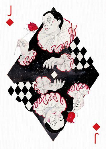 an image of playing cards with the queen in red and white on black, surrounded by diamonds