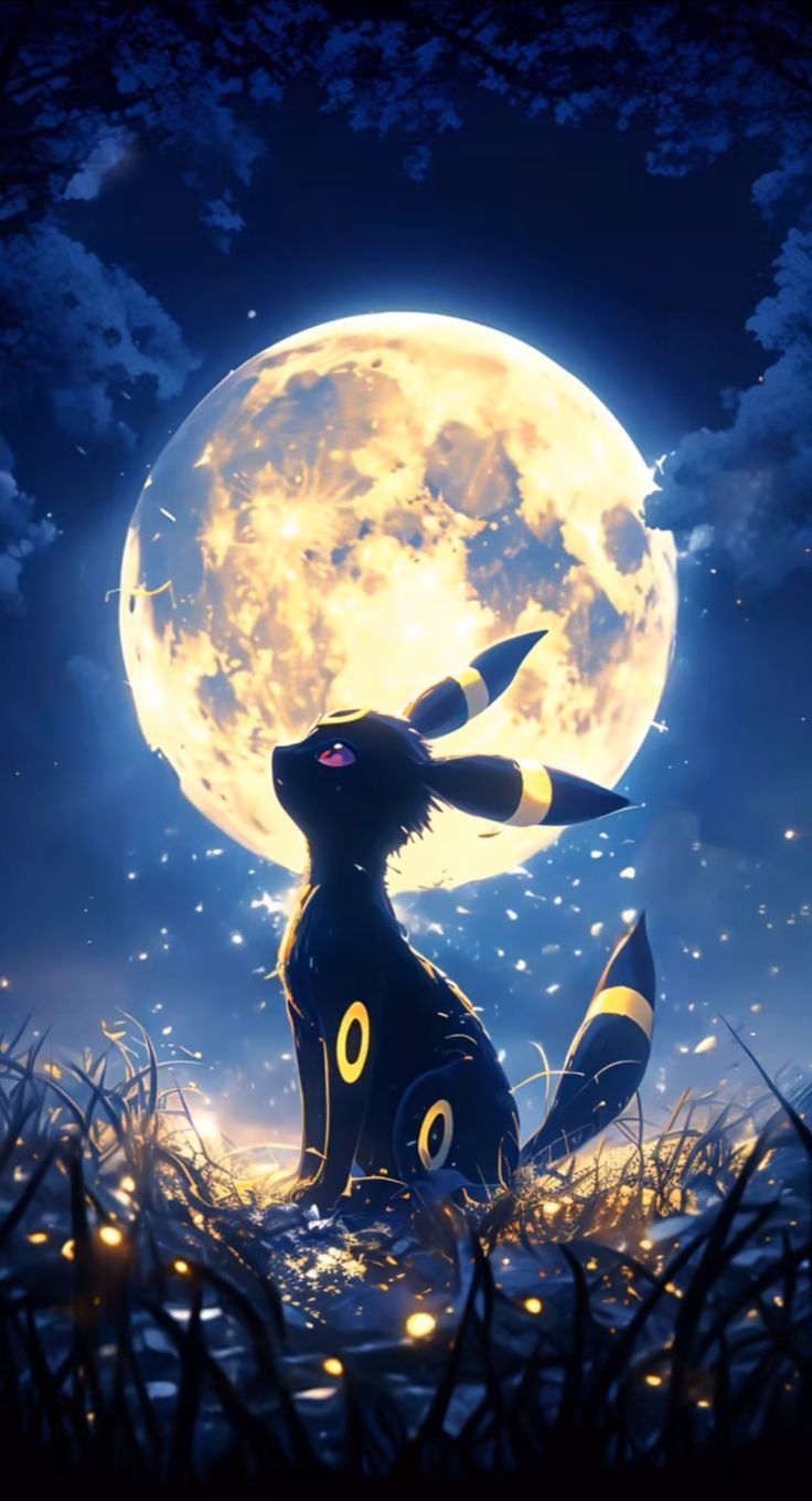 a black cat sitting on top of a grass covered field under a large full moon