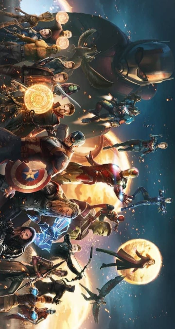 the avengers movie poster with many different characters in front of an image of planets and stars