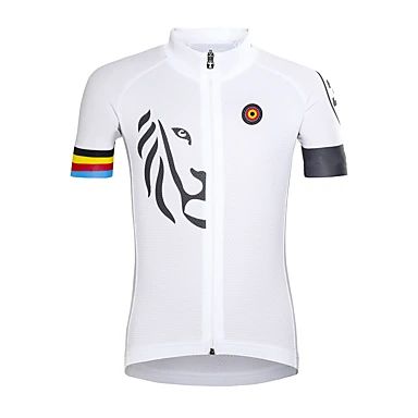 the front of a white cycling jersey with black and yellow stripes on the chest,