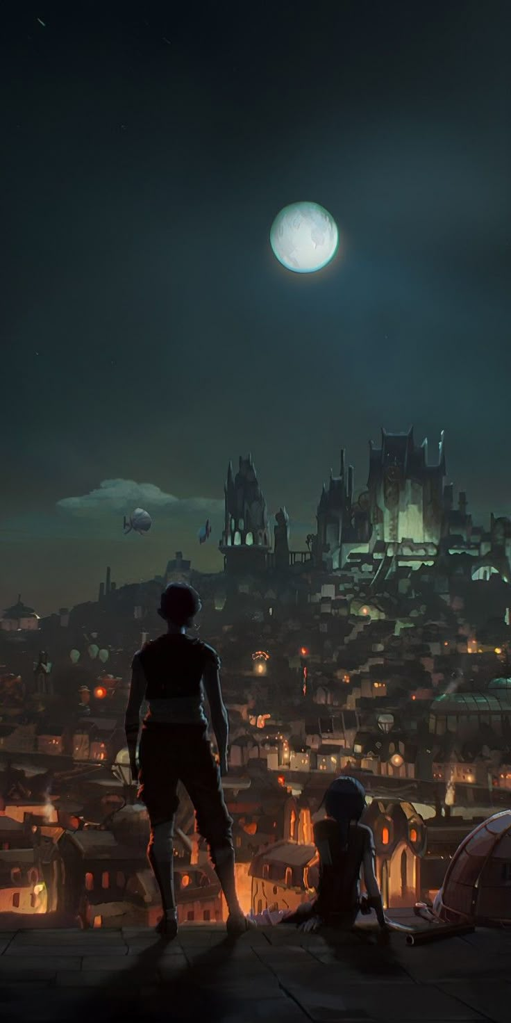 a man standing on top of a roof next to a woman in front of a city at night