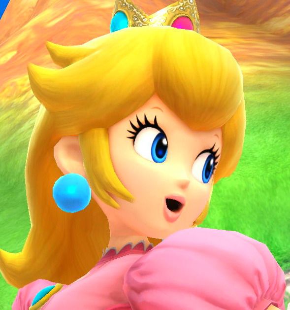 the princess peach is wearing a tiara and looking at something in front of her