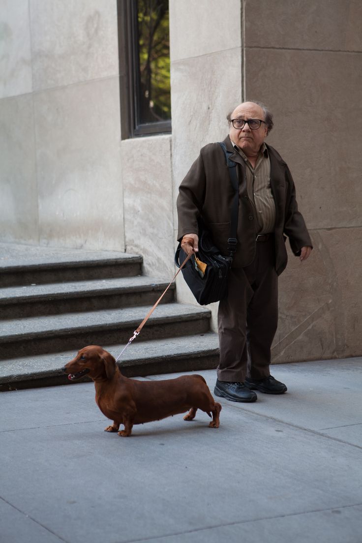 an old man is walking his dog down the street while holding on to it's leash