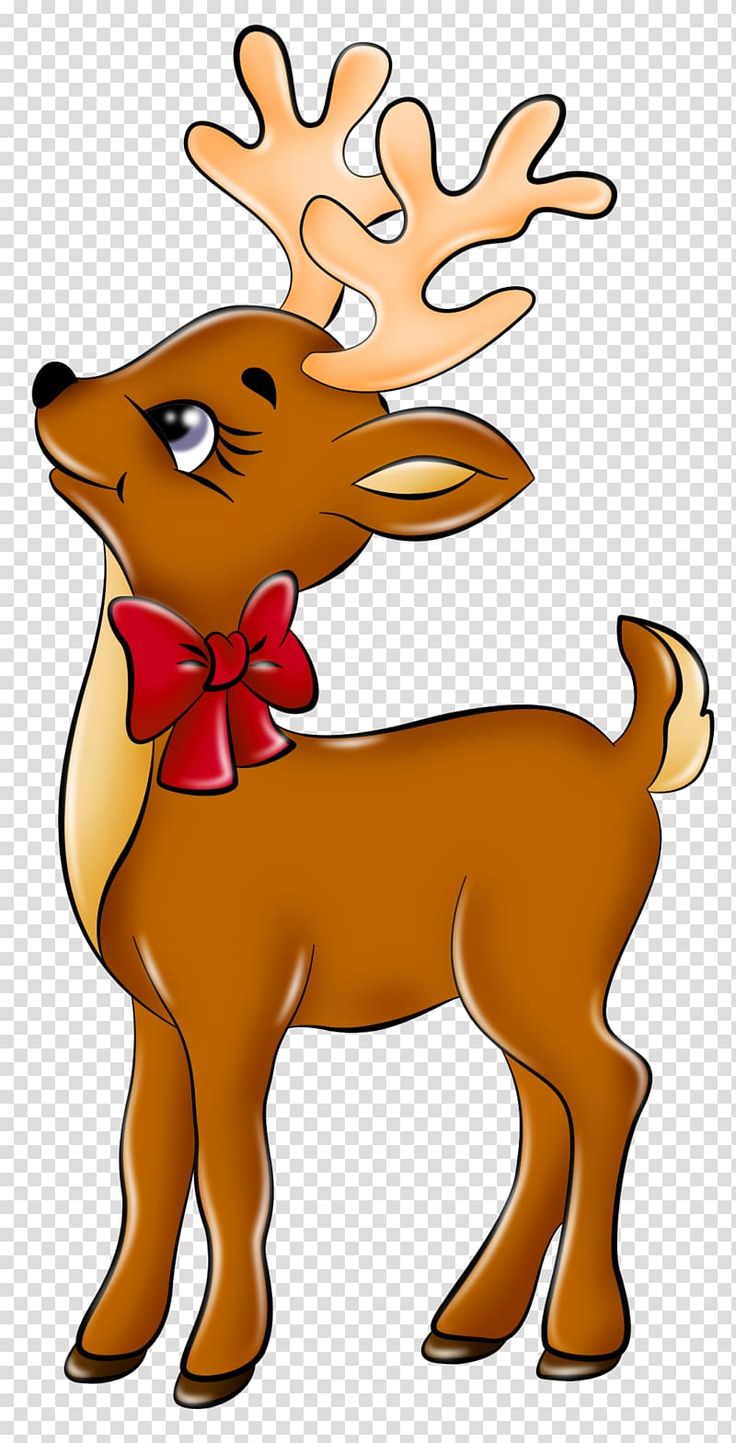 a cartoon deer with a red bow on its antlers