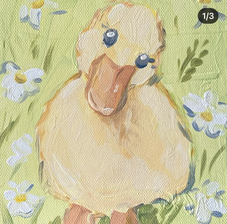 a painting of a duck with flowers in the background