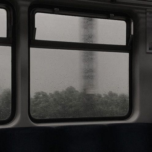 the view from inside a subway car looking out at trees and a light tower in the distance