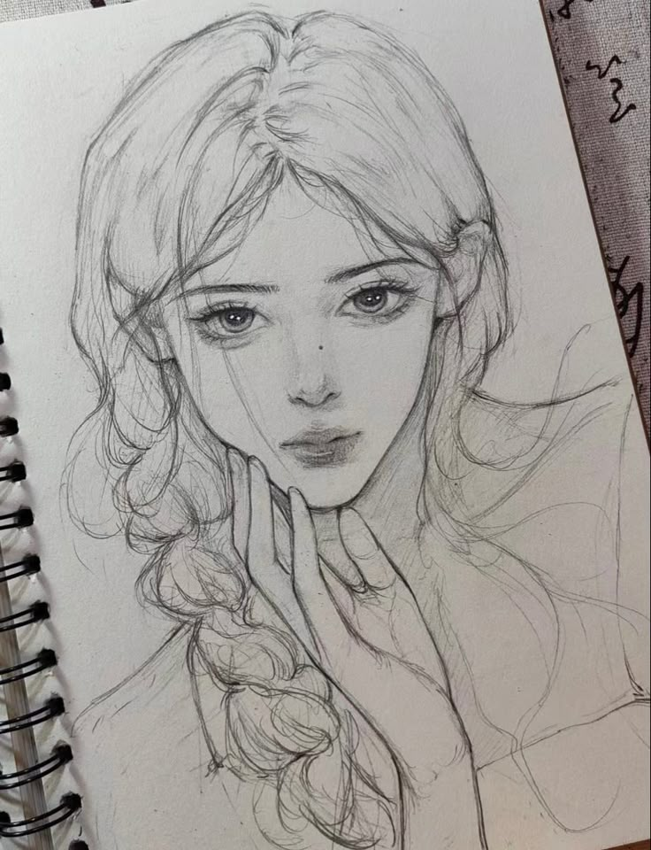 a drawing of a girl with her hand on her face