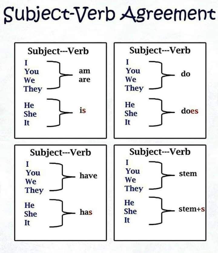 four different types of subject - verb agreements with the words subject - verb in them