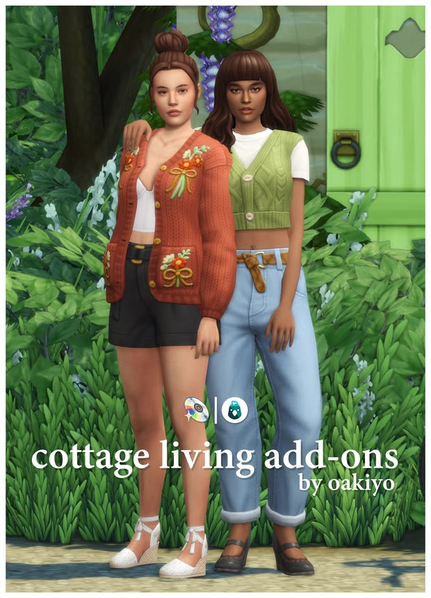 two young women standing next to each other in front of green plants and trees with the words cottage living add - ons by oak