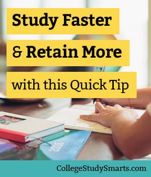 a person sitting at a table with books and notebooks on it, text reads study faster & retain more with this quick tip