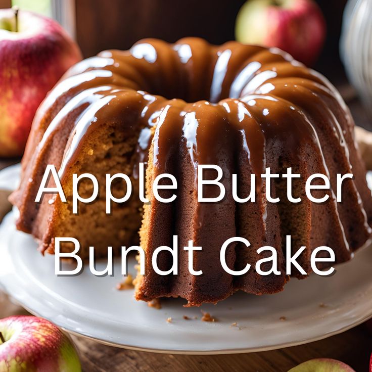 an apple butter bundt cake on a white plate with apples around it and the words, apple butter bundt cake