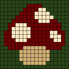 an image of a mushroom on a green and red plaid pattern with white dots in the middle