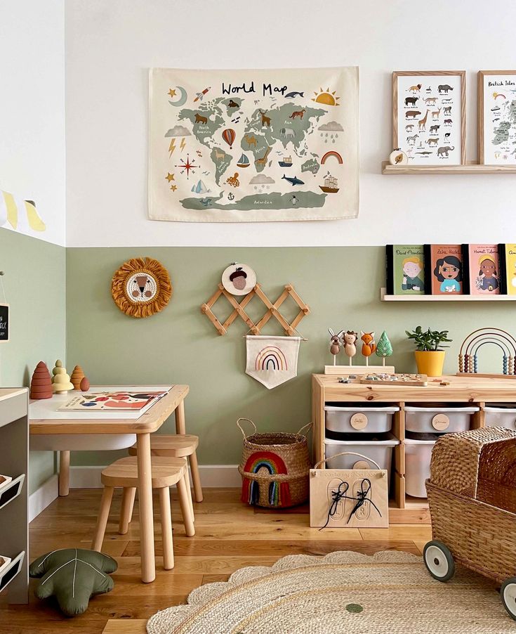 a child's playroom with toys and artwork on the wall