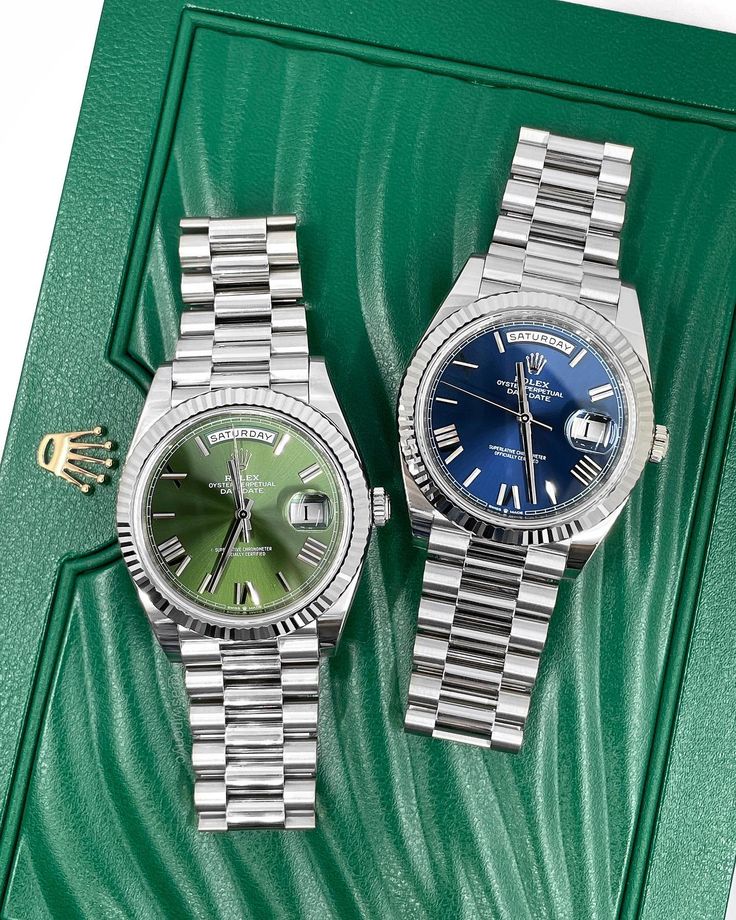 The day-date is an iconic model. But some of our customers run into the issue of picking between the olive green dial or the blue dial. What would be your all-time favorite configuration of the Day-Date? #entrepreneurlife #successminded #successful #richlifestyle #luxurylife #exquisite #rolex #rolexwatches #rolexwrist #rolexpassion #watchaddict #watchcollector #watchcollection Rolex Olive Green, Rolex Green Dial, Clear Bracelet, Rolex Day Date, Champagne Color, Blue Ombre, Affordable Luxury, White Dial, Pink Opal