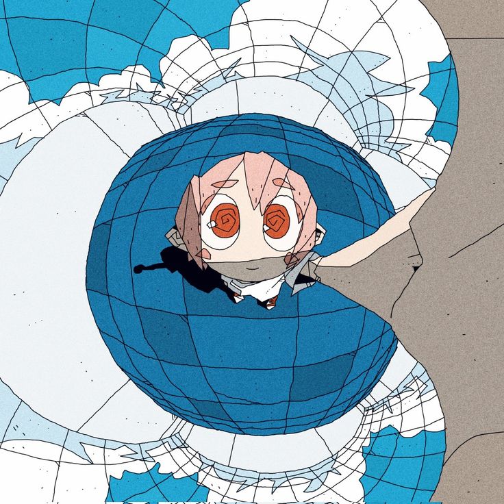 an anime character floating in the air on top of a blue and white ball with red eyes