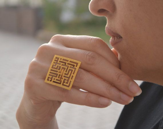 Handmade square Arabic Kufi Calligraphy "Bismillah", In The Name of God, women gift, hammered ring. Calligraphy Bismillah, Kufi Calligraphy, Kufic Calligraphy, Al Rahman, Multi Chain Bracelet, Name Of God, Arabic Jewelry, Solid Gold Bracelet, Hammered Ring