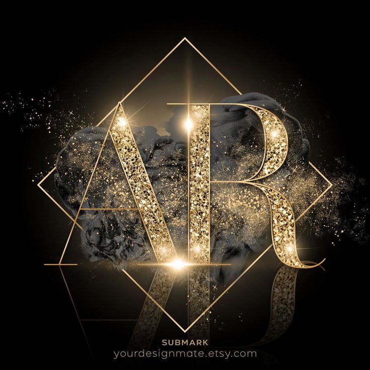 the letters ar are made up of gold glitters and sparkles on a black background