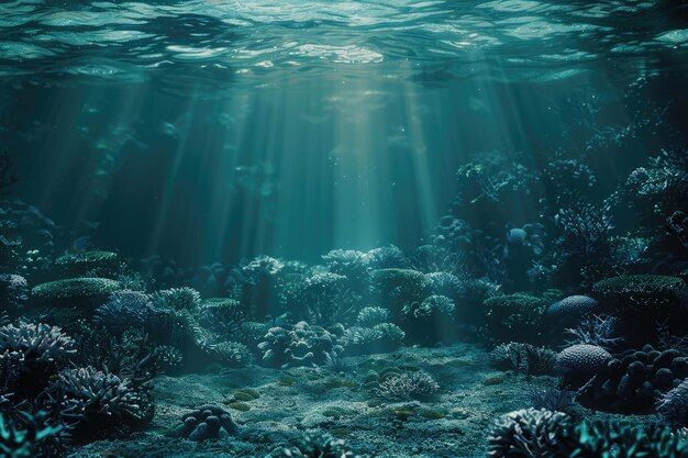 an underwater scene with sunlight shining through the water and corals in the foreground