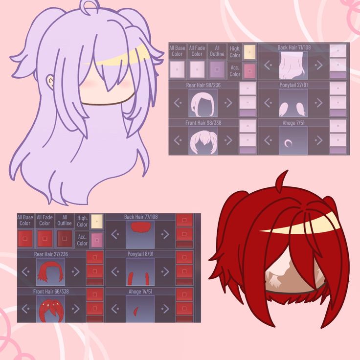 an anime character's hair is shown in three different styles, including pink and purple